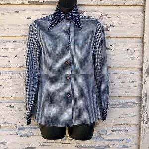 Vintage 70s Jonathan Logan Navy Polkadot Houndstooth Career Work Blouse Top H15